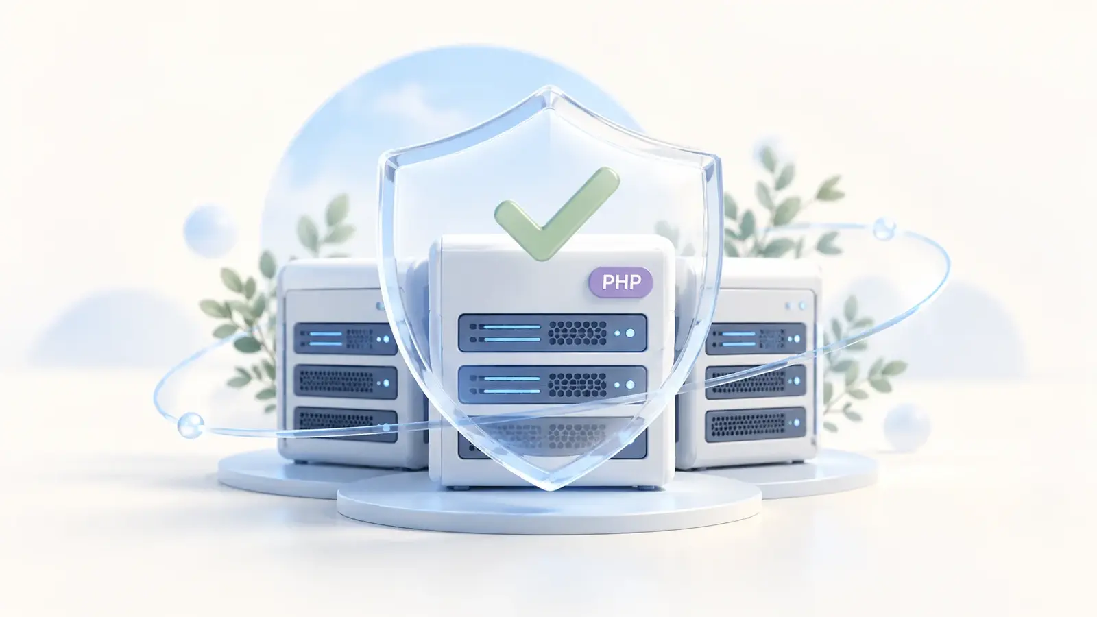 PHPのサーバーを守る盾とチェックマークで、脆弱性への対応完了を表したイラスト