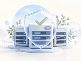 An illustration showing a shield and check mark for PHP server protection, representing completion of vulnerability response.
