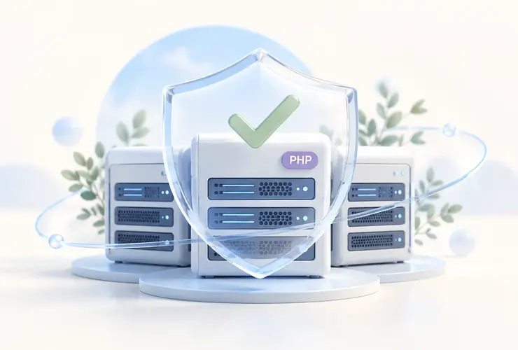 PHPのサーバーを守る盾とチェックマークで、脆弱性への対応完了を表したイラスト