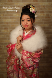 成人式前撮り　濃いピンク　蝶柄